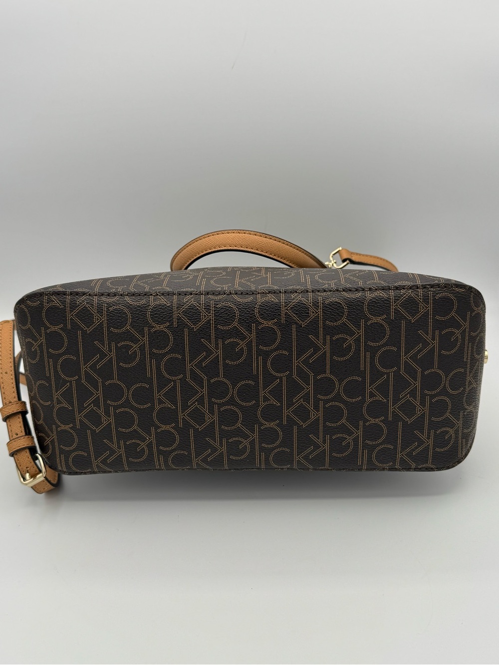 Calvin Klein Signature Dome Satchel- Brown Monogram Pattern with Tan Trim - Picture 6 of 14